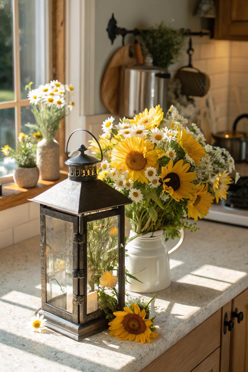 Intense and cheerful summer season lantern with sunflowers and daisies.