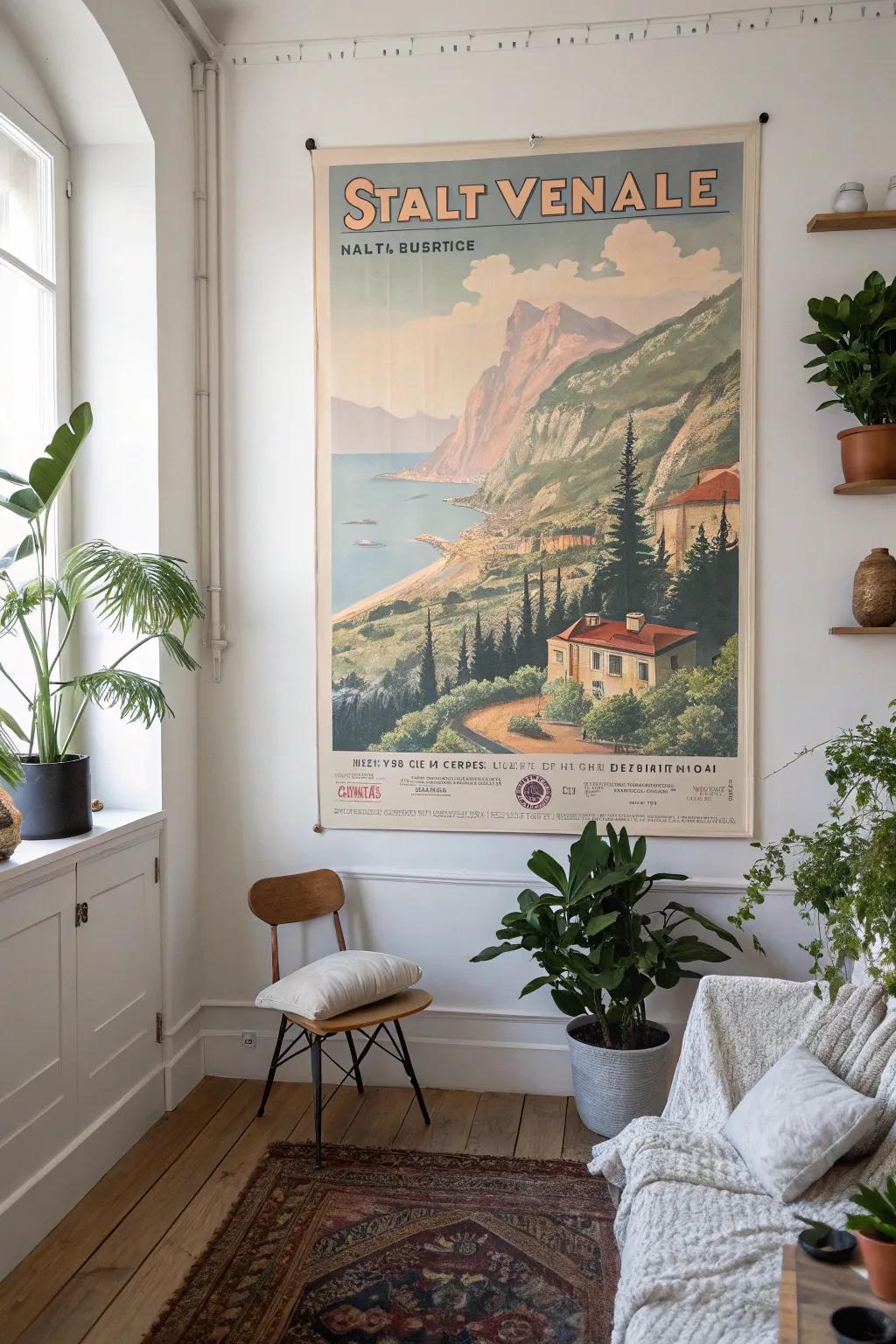 An oversized poster creates a dramatic focal point.