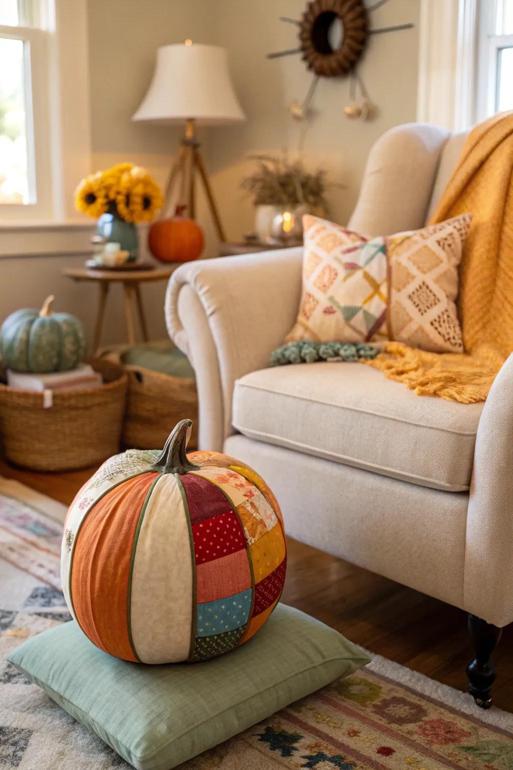 A fabric-enclosed pumpkin that presents warmth and texture.