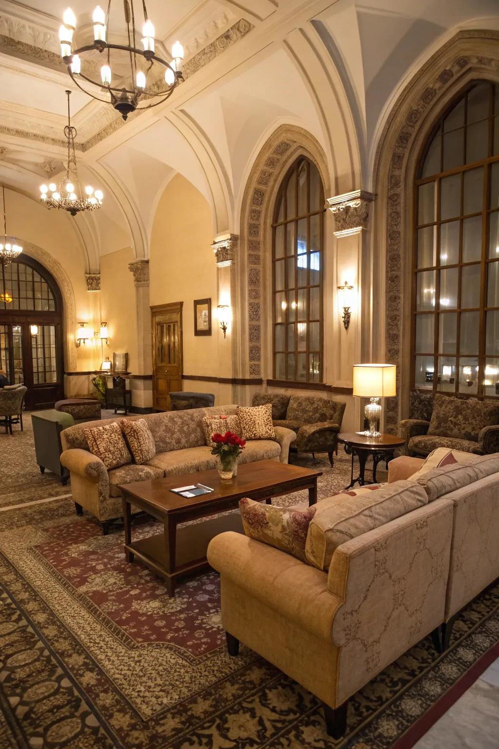 Inviting seating arrangements inject warmth into vast spaces.