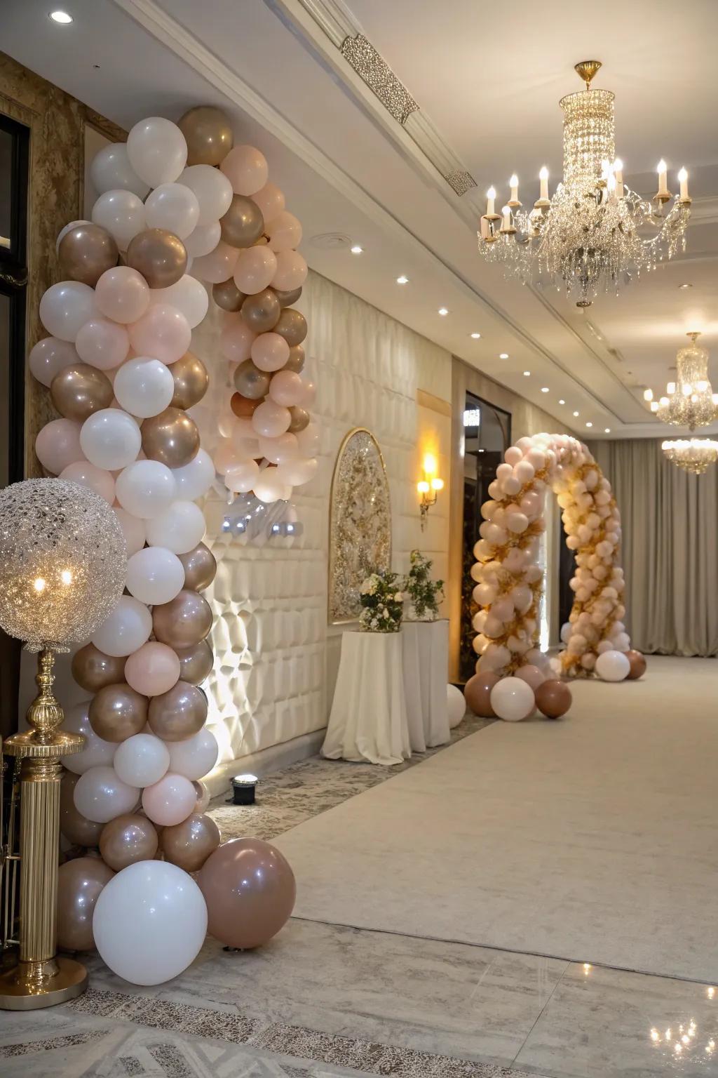 Layered and textured balloon decorations contribute elegance and depth to the party arrangement.