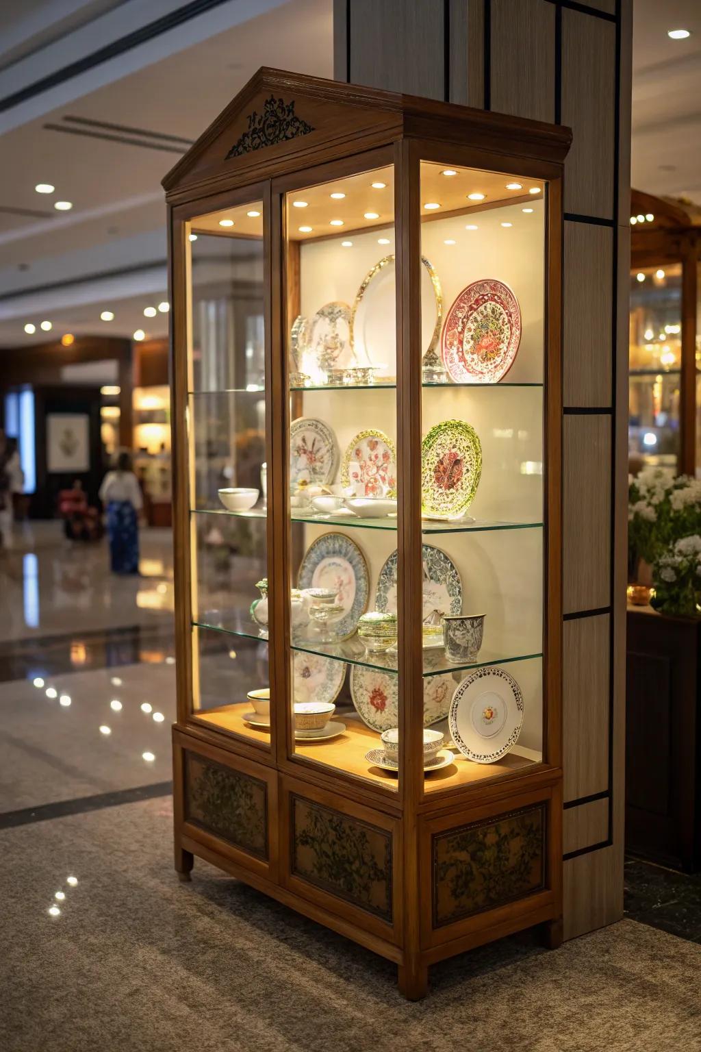 An illuminated presentation unit beautifully lighting a china collection.