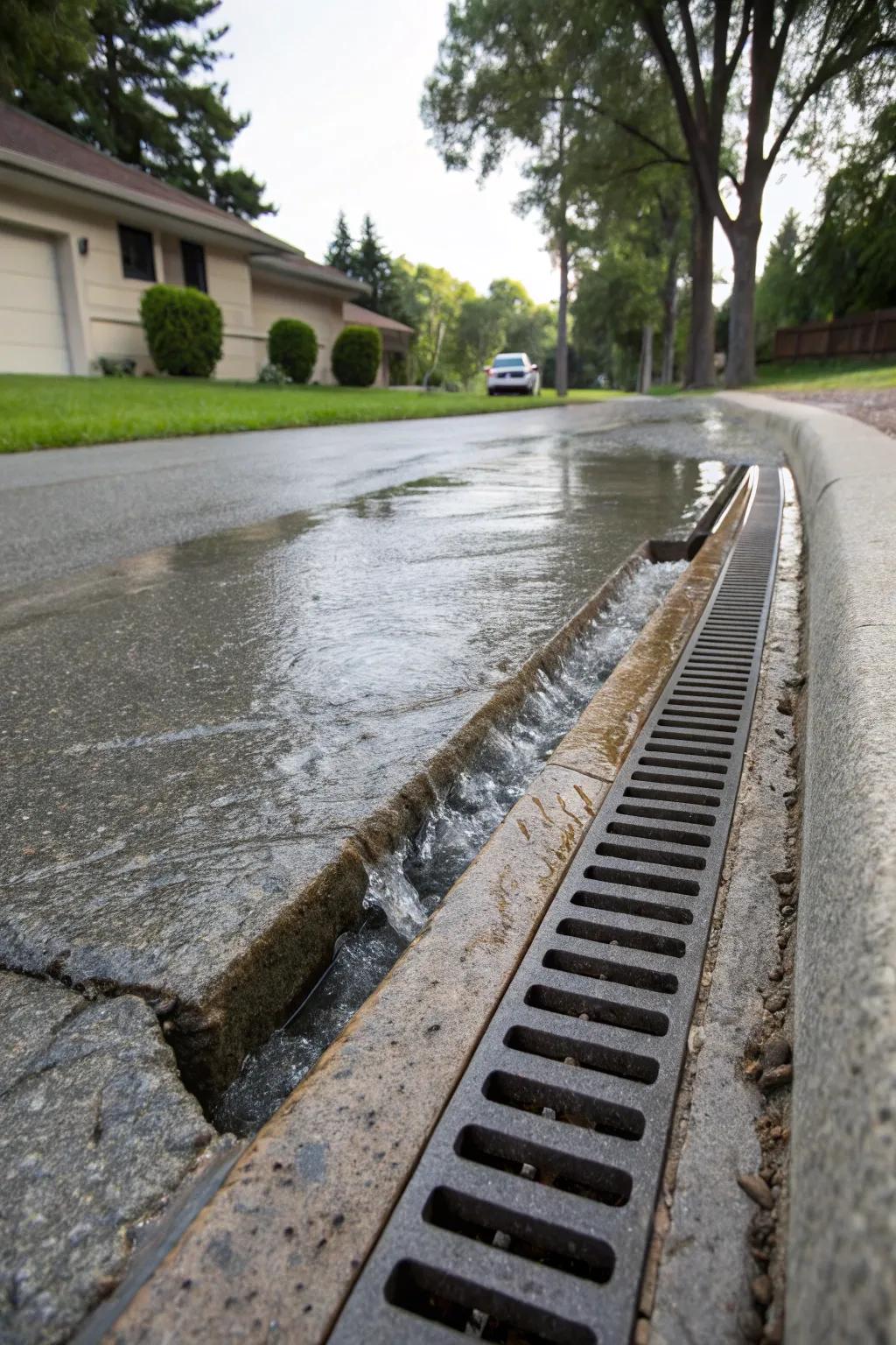 Channel drains keep paved areas dry.