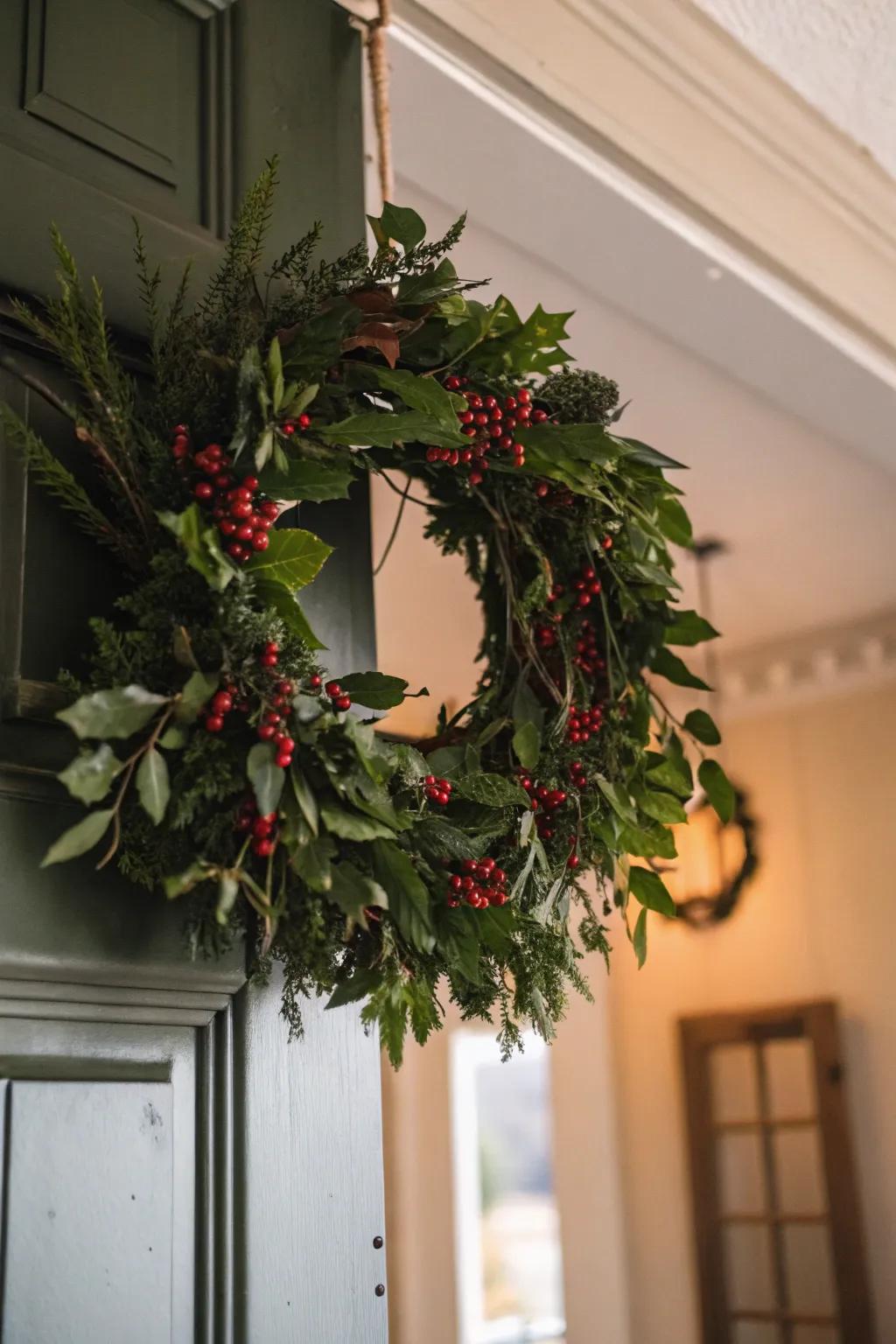 Incorporate a touch of drama using an overhead clip to suspend your wreath over the doorway.