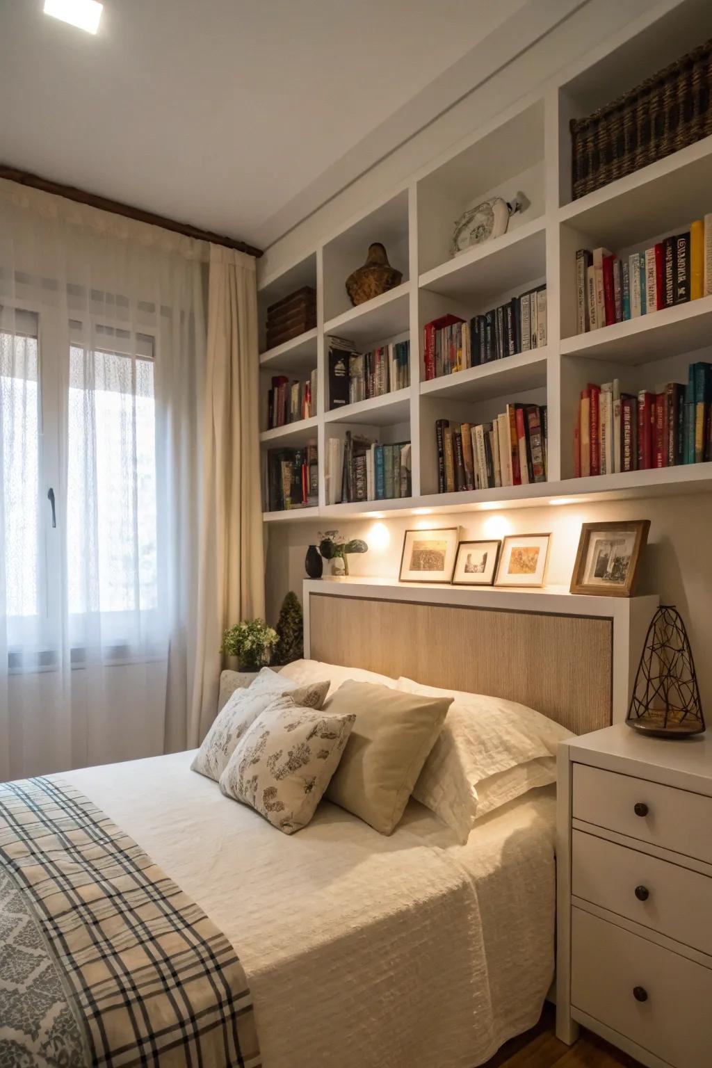 Headboard with shelves providing additional storage.