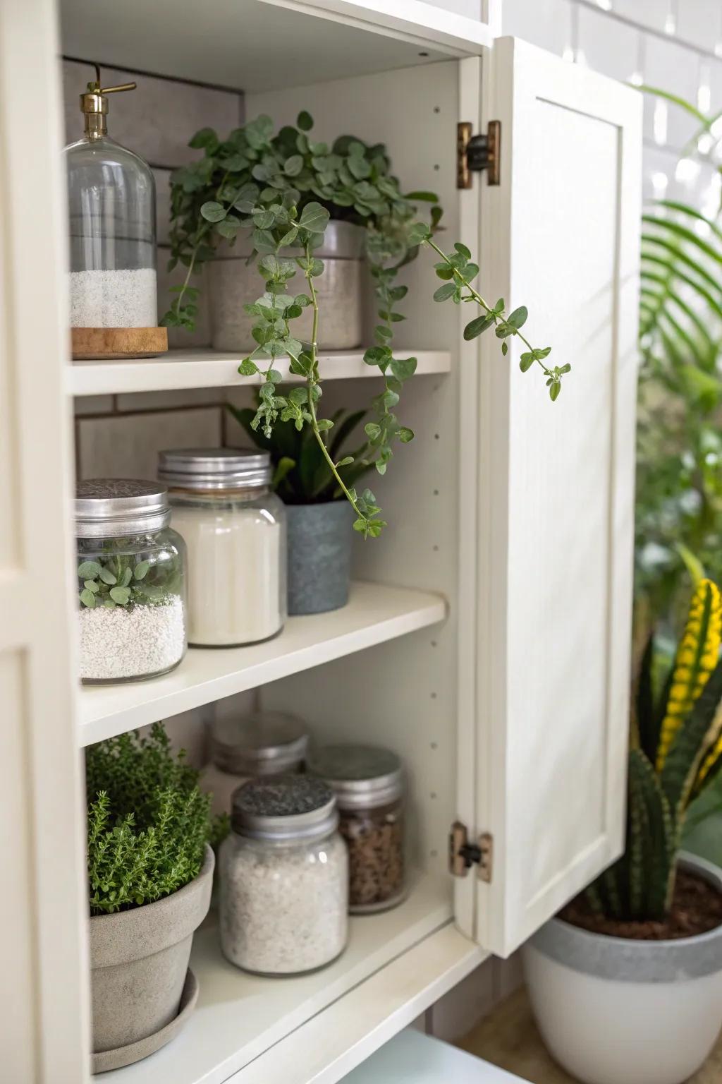 Decorative elements like plants and jars inside a bathroom cabinet, enhancing visual appeal.