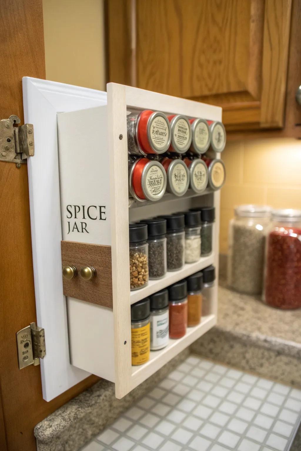 A hidden spice rack keeps your spice collection organized yet discreet.
