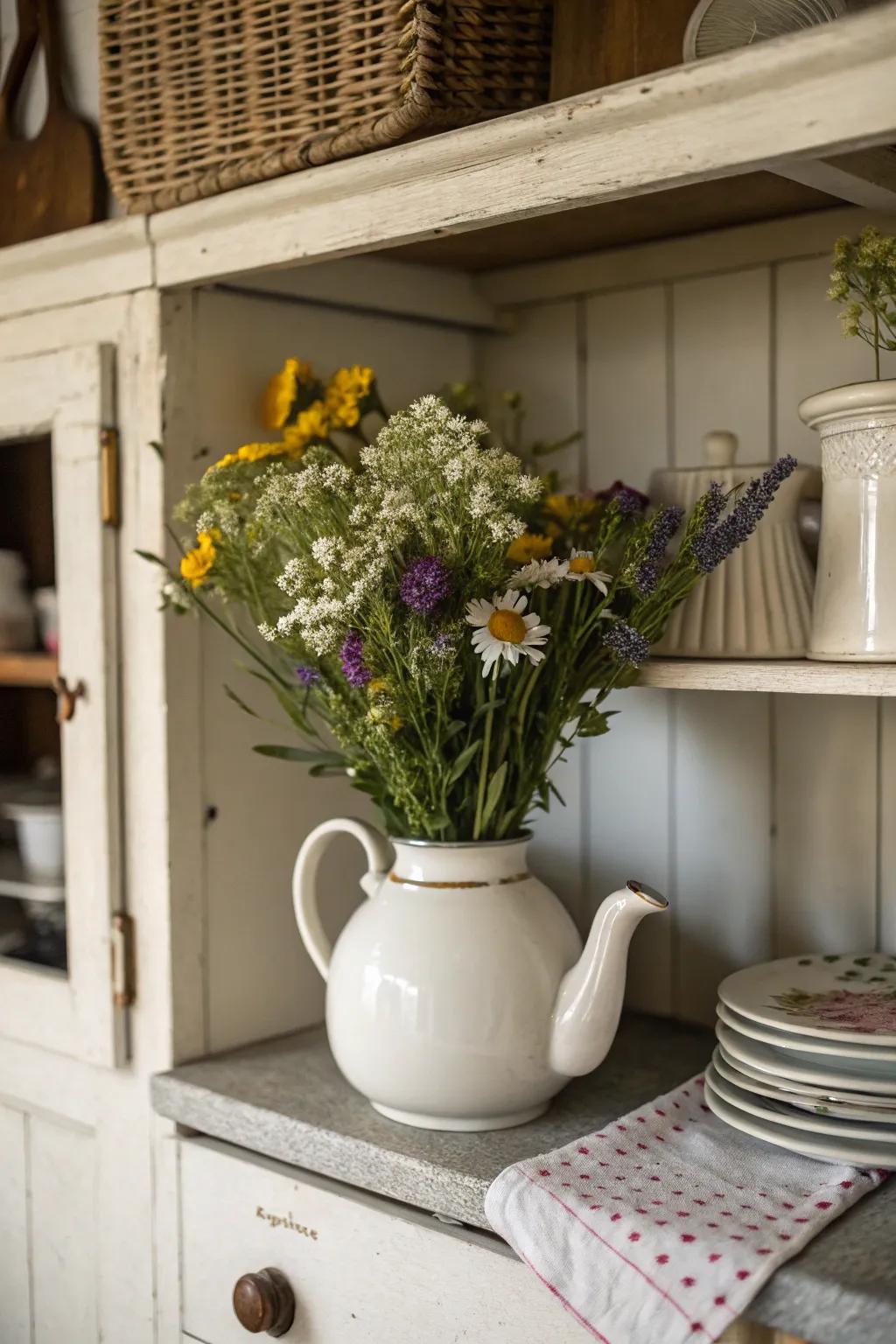An unusual receptacle utilized to exhibit a casual floral setting.