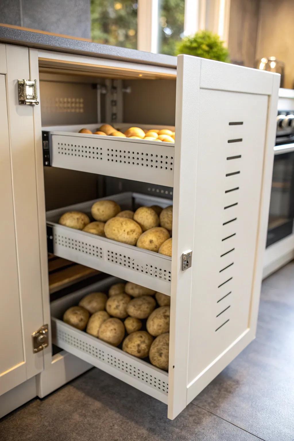 Creative cupboard corner fashioned for ideal potato storage.