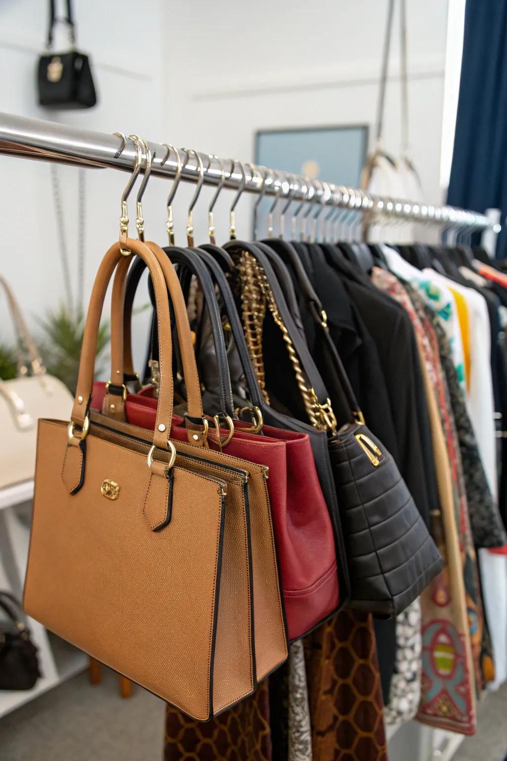 Adaptable handbag storage using S-hooks on a rail, perfectly suited for ever-growing collections.