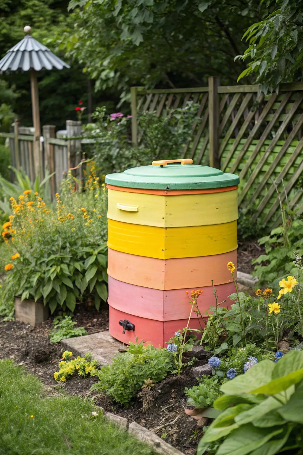 A boldly painted composter serving as a striking feature within the garden area.