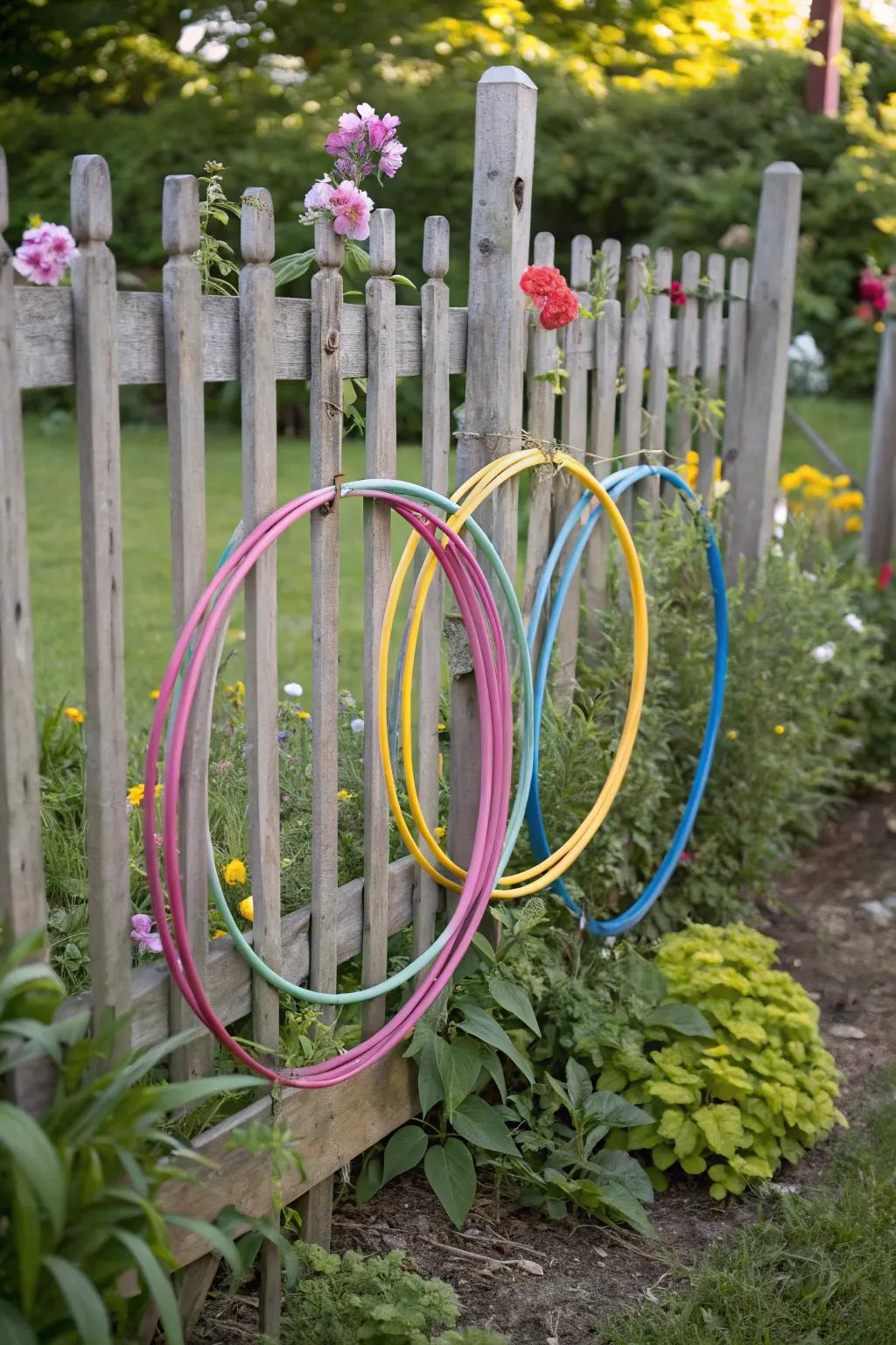 Hula hoops innovatively displayed on a garden fence, improving the outdoor appeal.