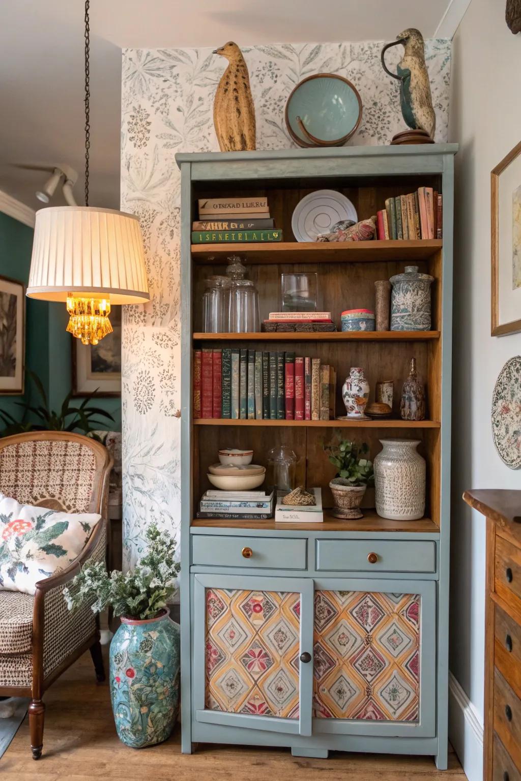 A diverse hutch blends vintage charm with modern flair.