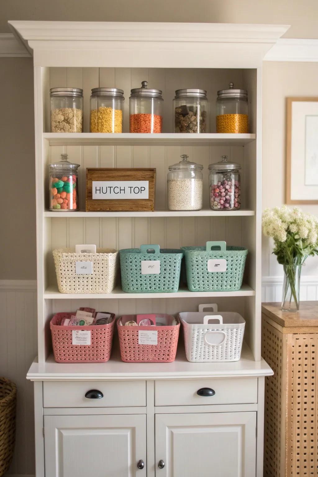Keep your valuables in order by placing wicker holders on the hutch top.