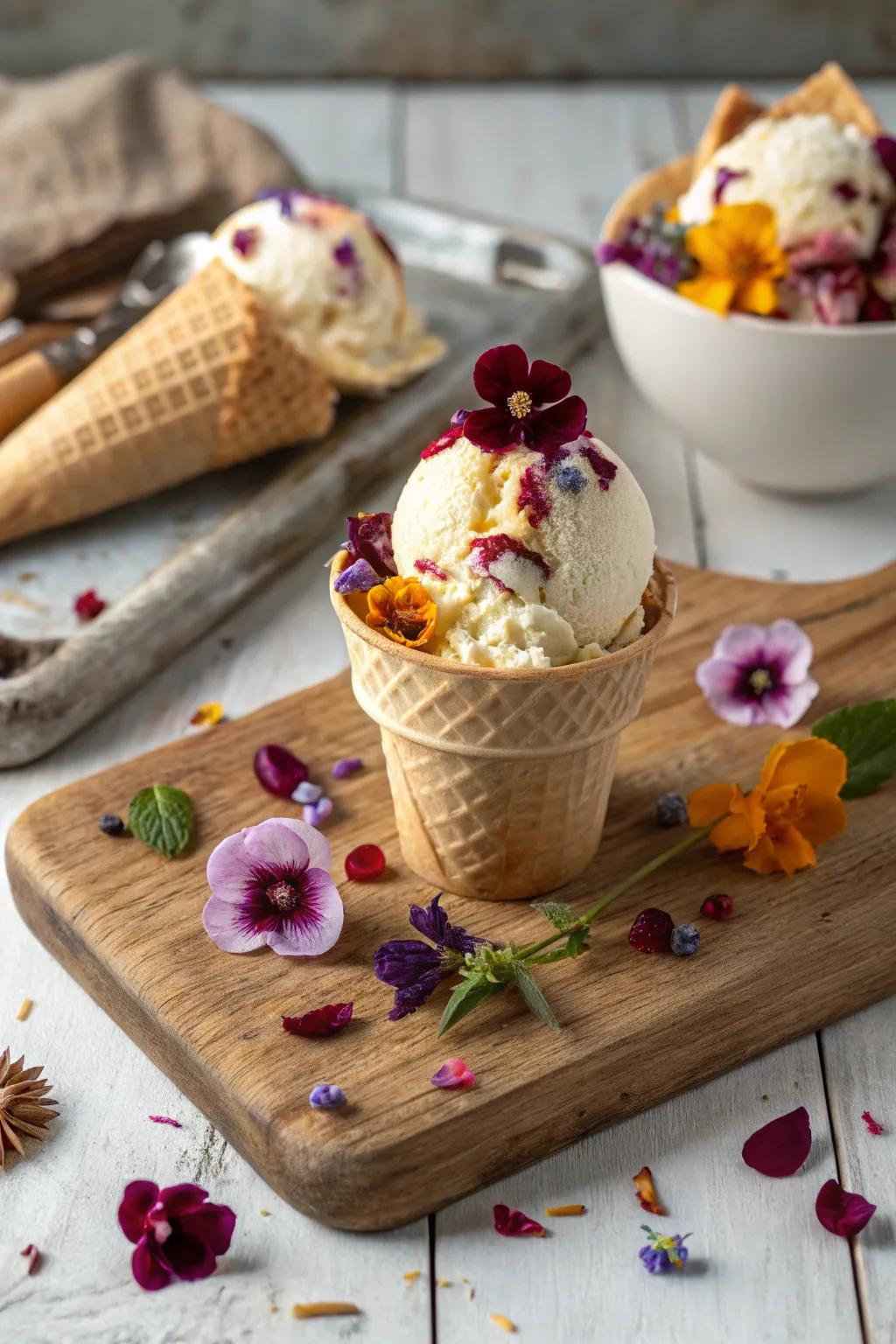 Ice cream adorned with sweet flowers for a touch of elegance.