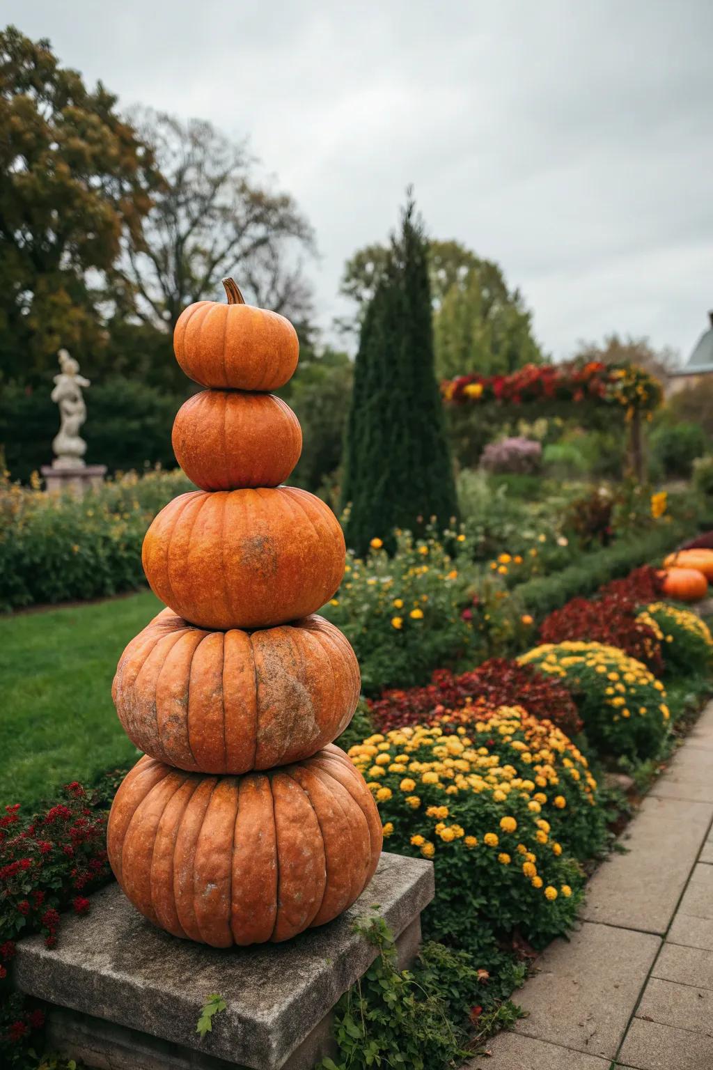 A pumpkin tower that incorporates height and sophistication to outdoor decorations.