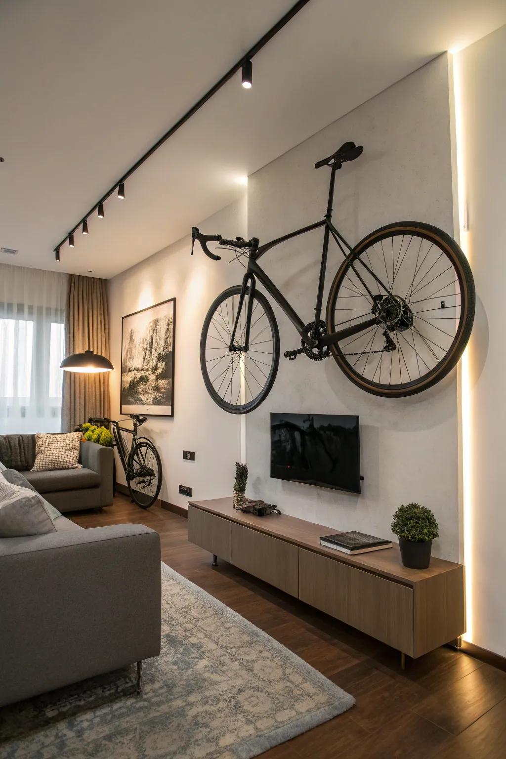 Artistic wall hanger turns your bike into a statement piece.