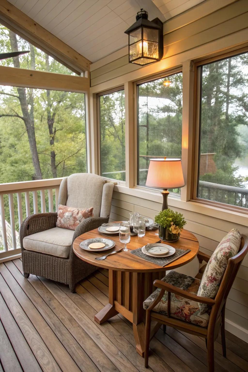 This adaptable indoor deck has areas for eating and unwinding.