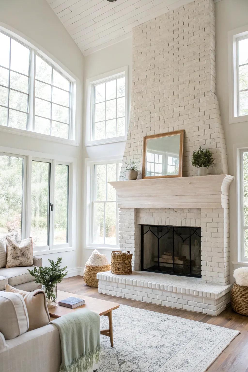 A living area with a whitewashed brick fireplace, radiating brightness and elegance.
