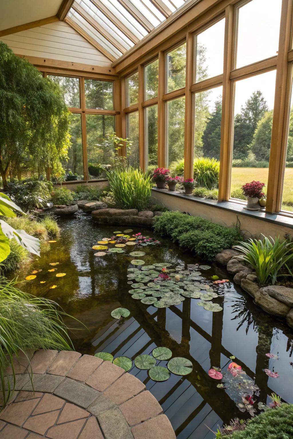 Sunrooms furnish the flawless setting for a vibrant interior pond.