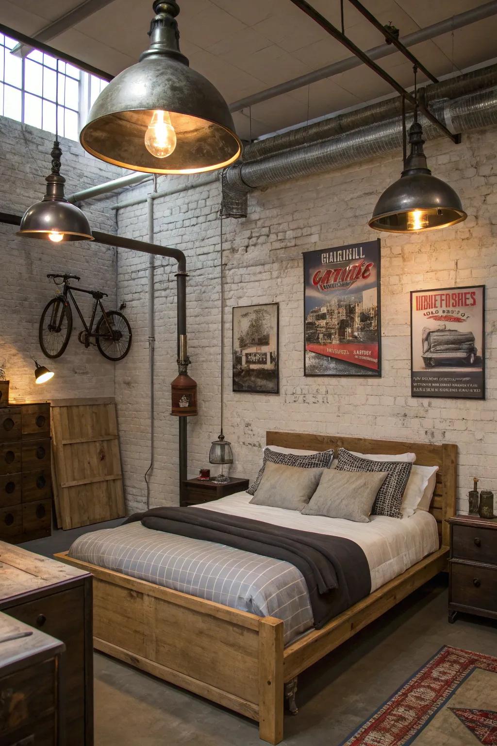 Urban lighting adds a nostalgic glow to this sleeping quarters.