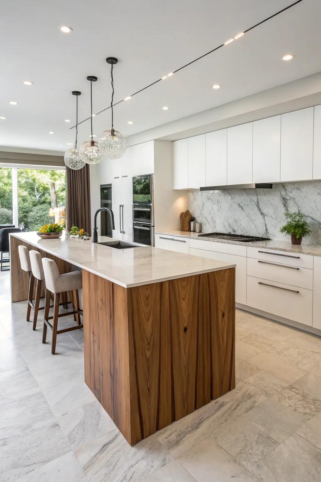A wood waterfall worktop brings a touch of class to modern kitchen designs.