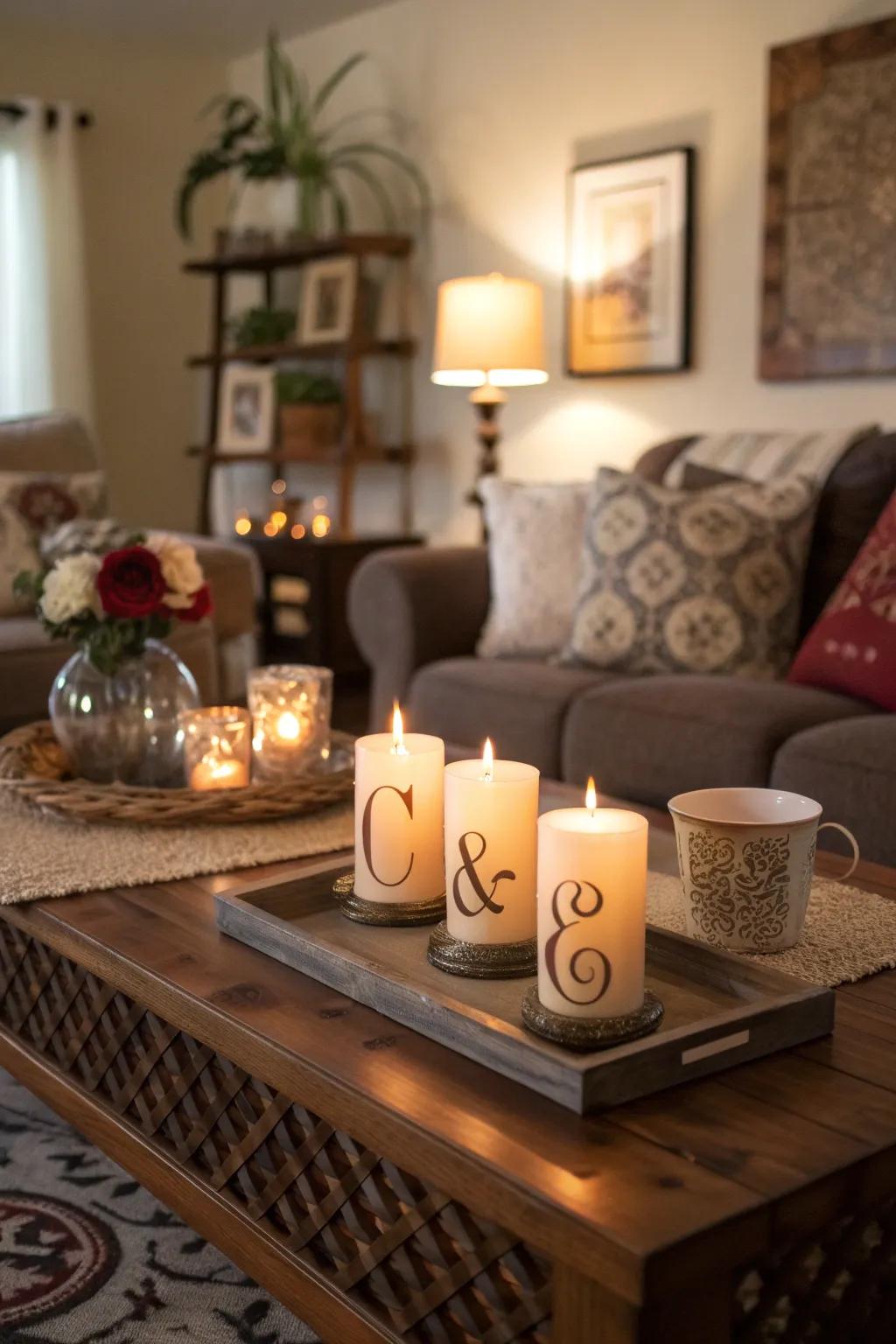 Create a snug atmosphere with initialed candle stands.