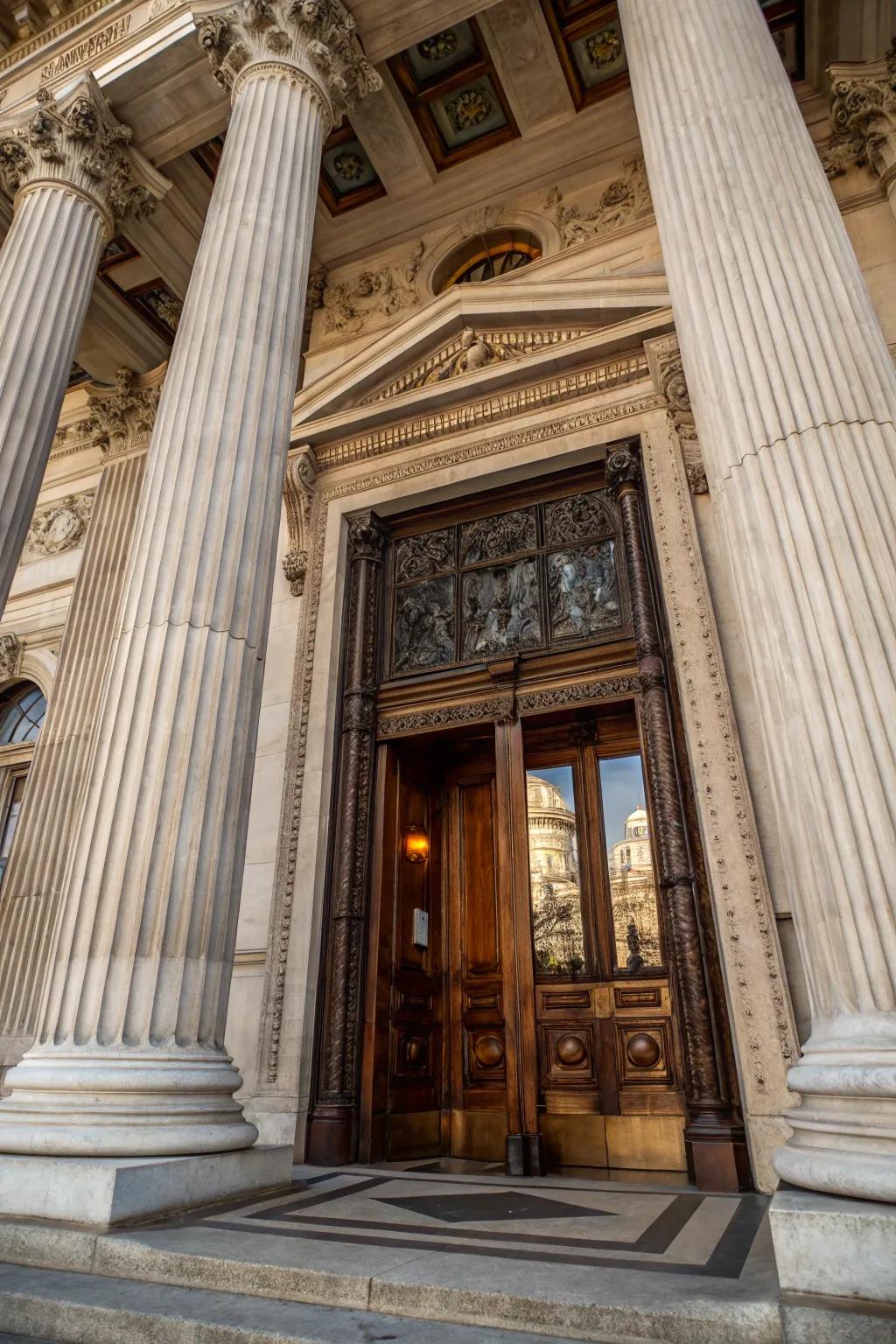 Pillars contribute a grand architectural element to this inset front door.