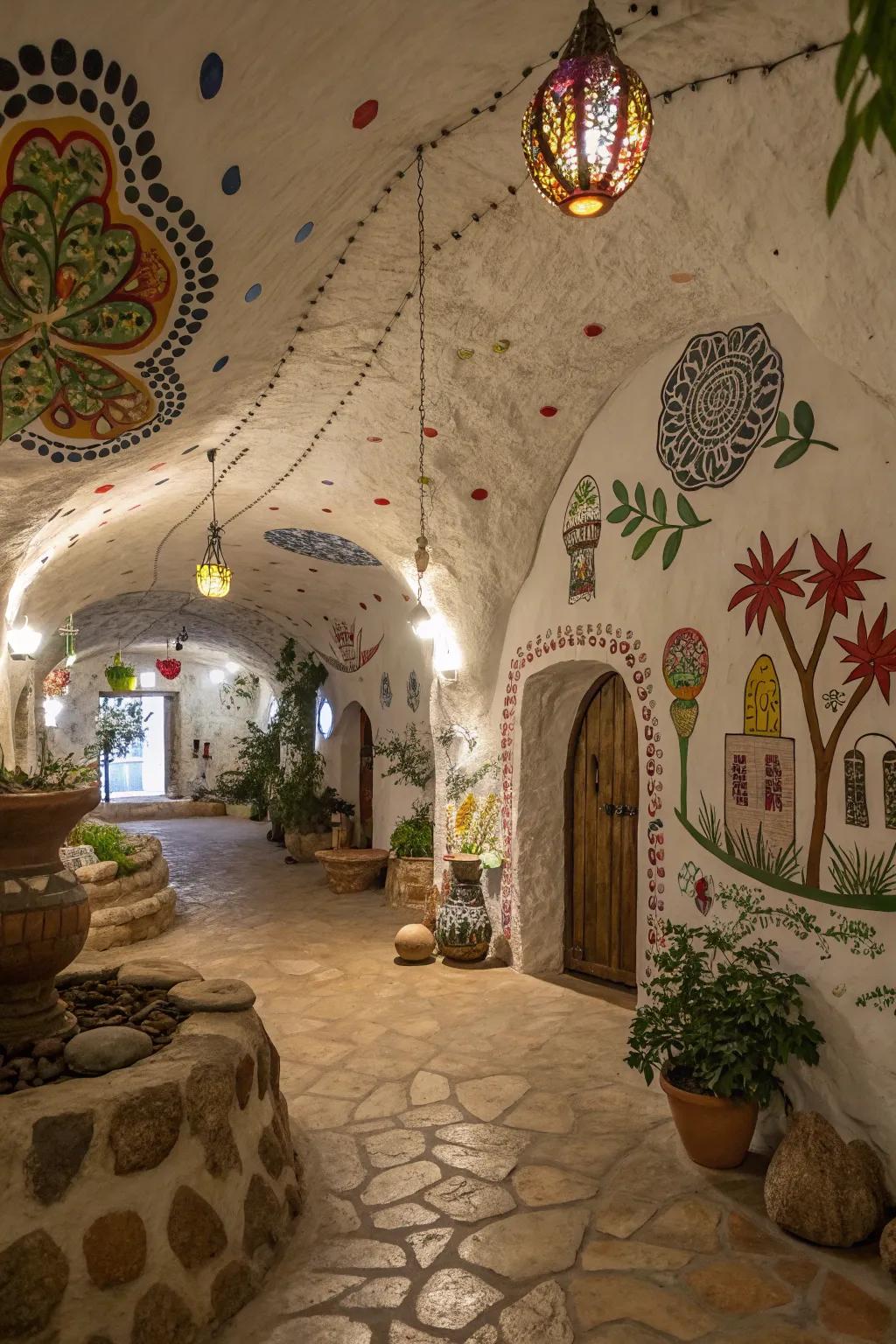 Artistic finishes inject persona and charm toward underground dwellings.