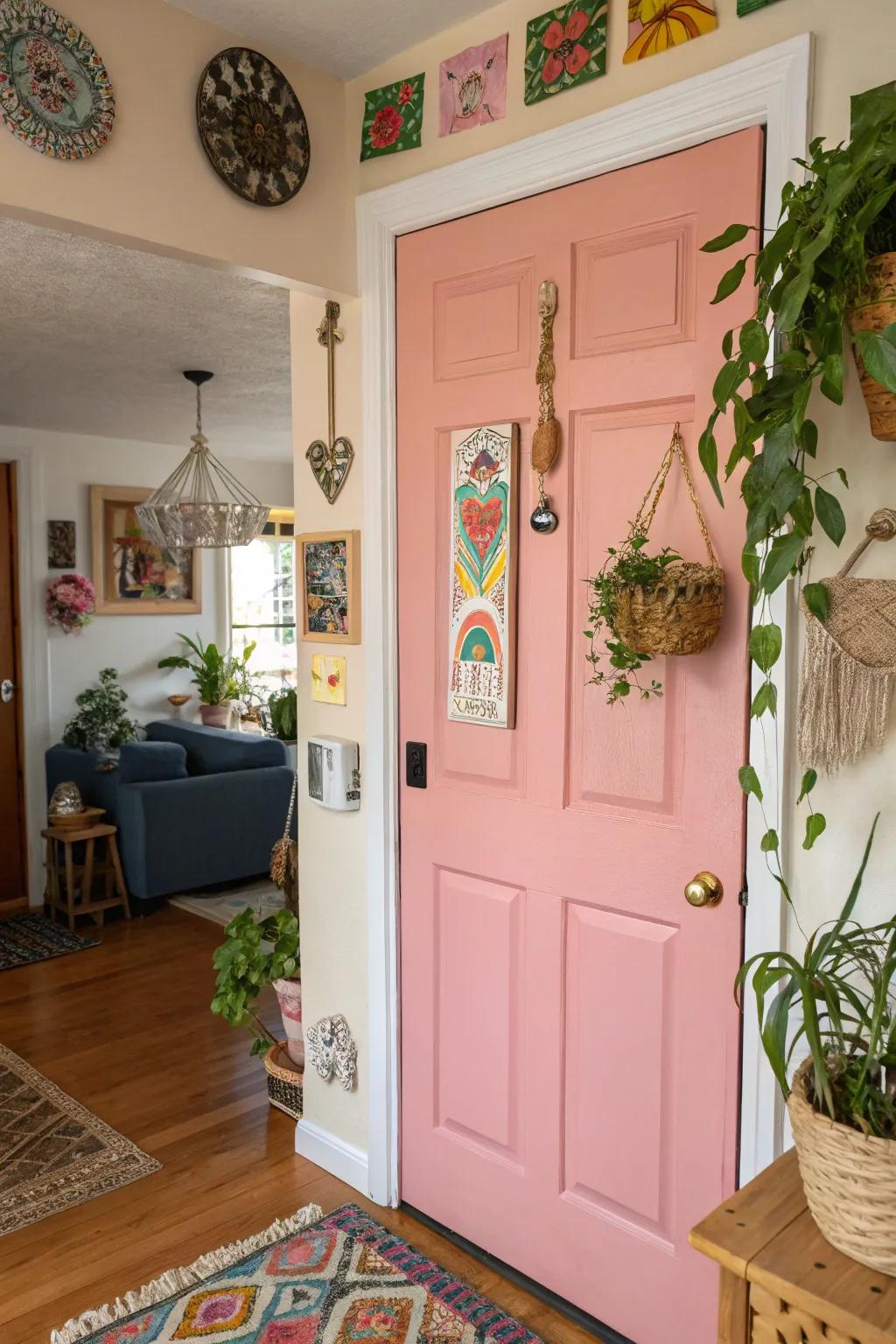 A playful pink door adds charm to the entryway.