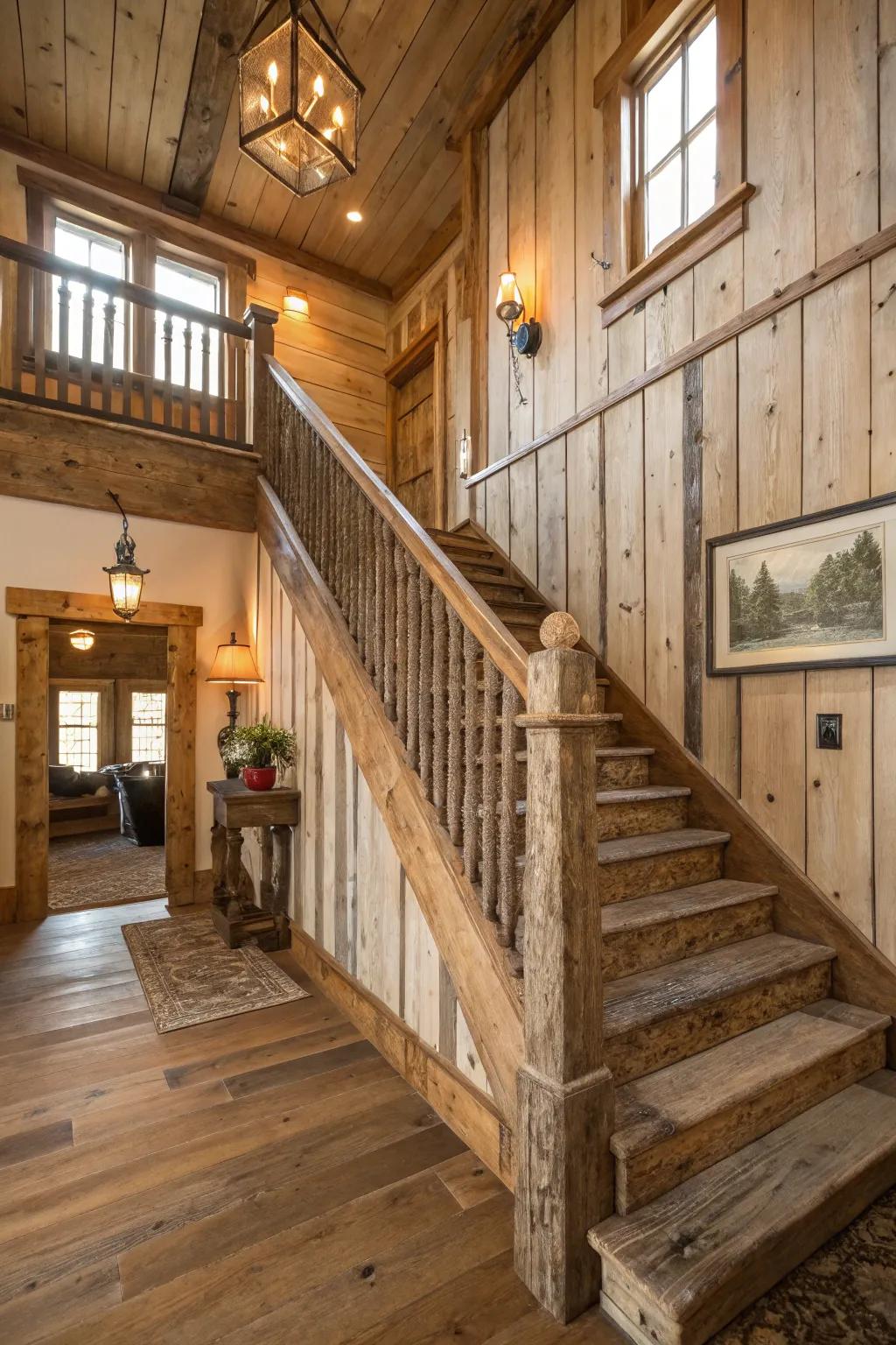 Distressed wood railings bring rustic charm to interiors.