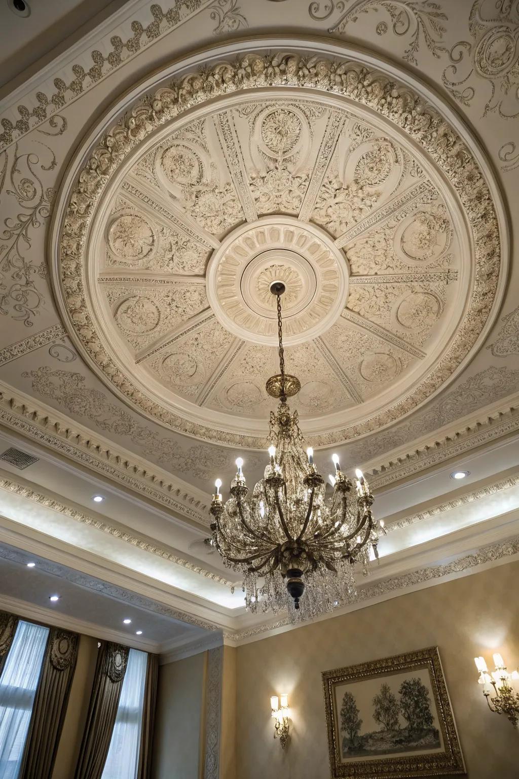An ornate ceiling rosette adding dramatic flair to the living room.