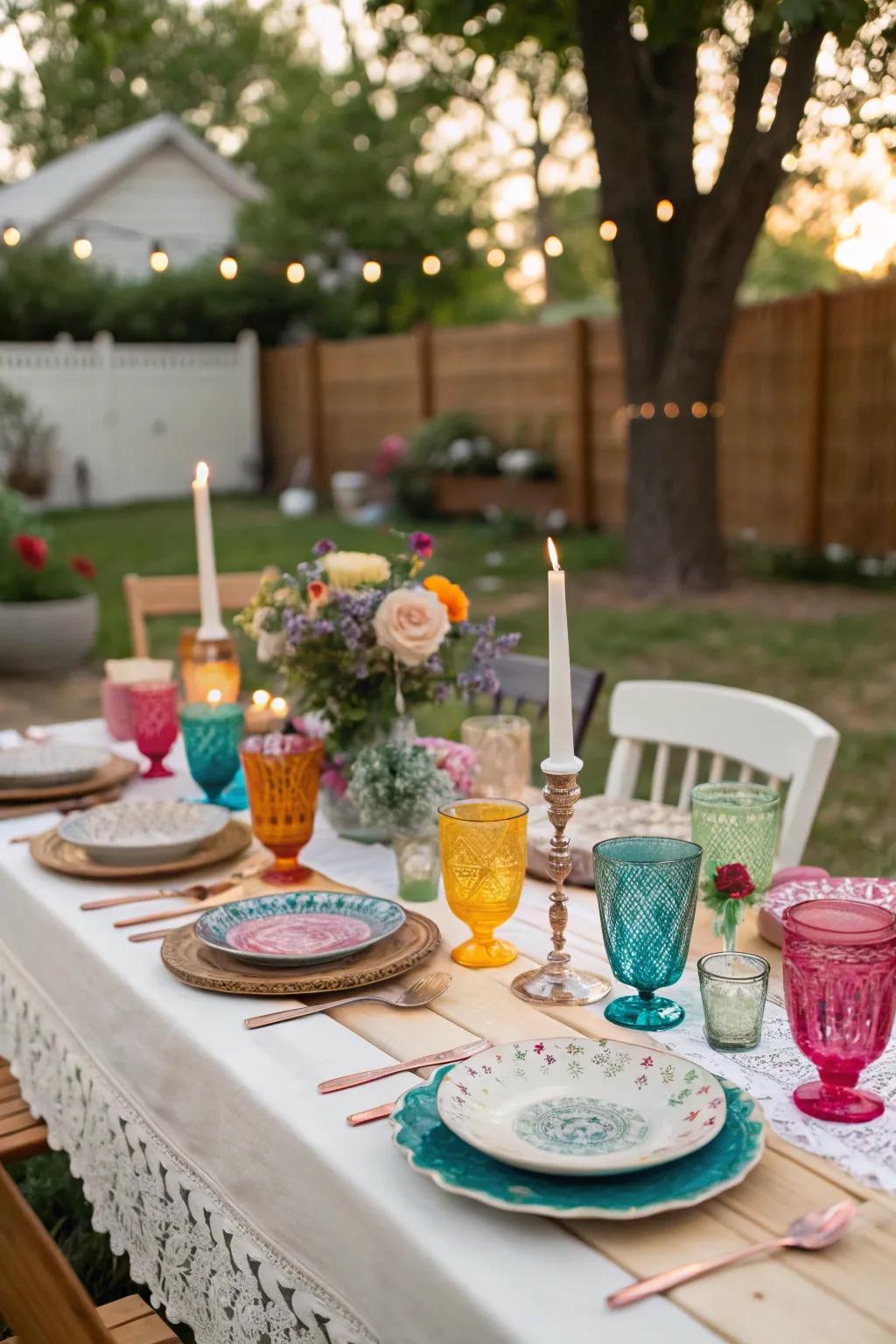 Varied vintage tableware contributes charm to a backyard gathering.