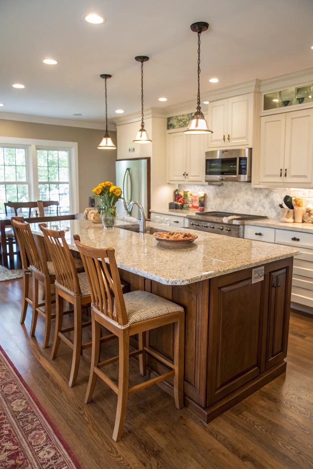 An extended countertop offering additional seating and interaction space.