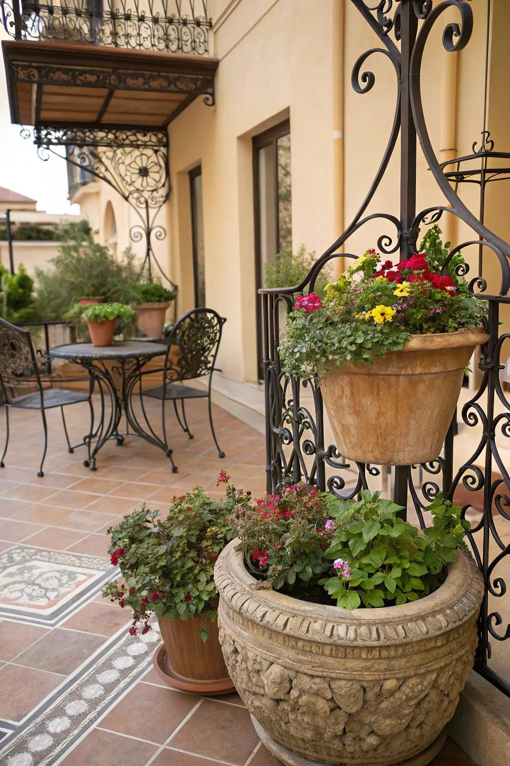 Artistic decor elements infuse personal charm into an outdoor space.