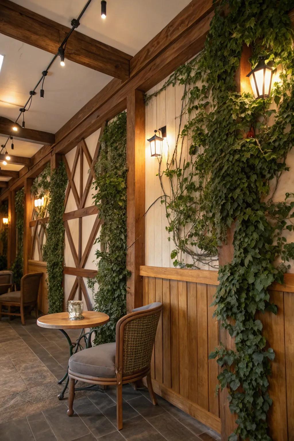 A rustic greenery wall paired with wooden features, adding warmth and charm.