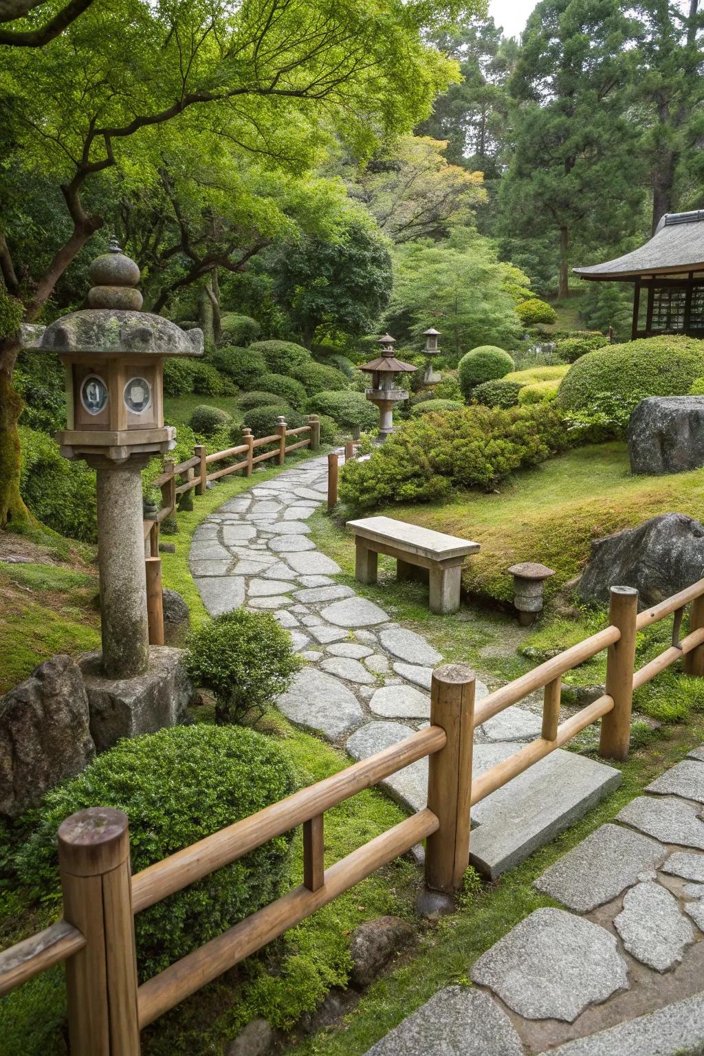 Timber fences and seating areas in a Japanese garden.