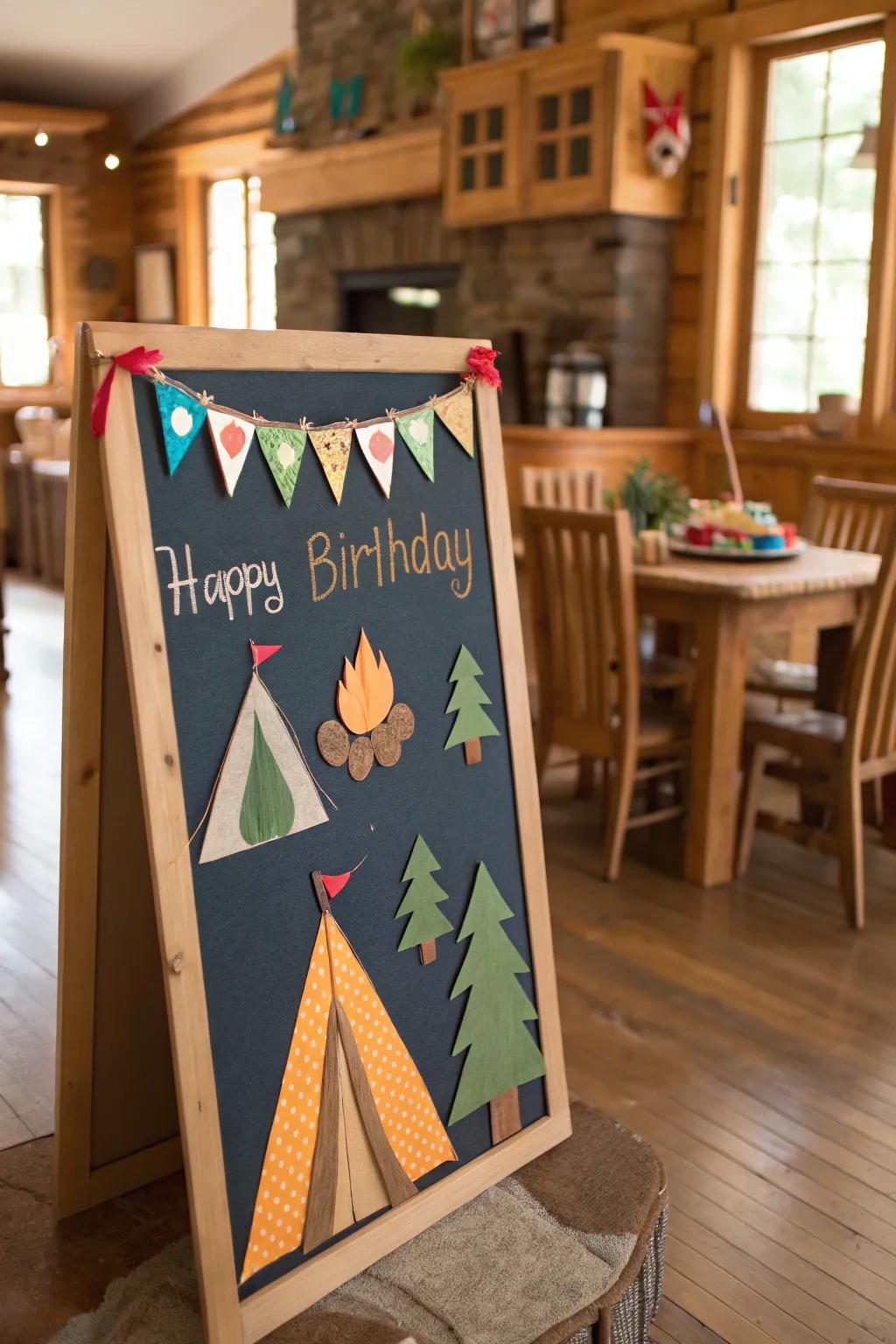 An adventurous camping-themed birthday board for July celebrations.