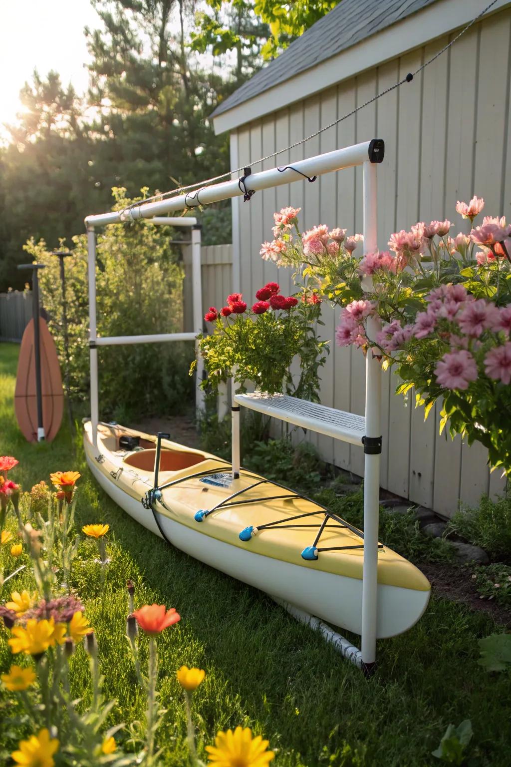 A lightweight PVC tubing holder for kayak storage.