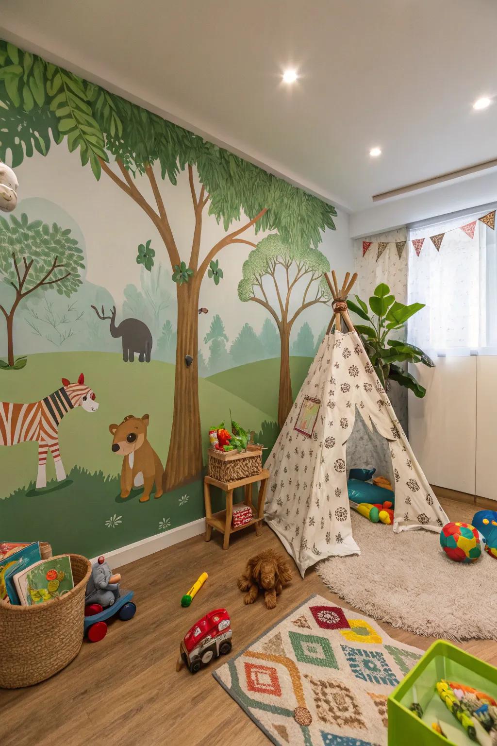 A playroom that encourages adventure with its jungle-themed wallpaper.