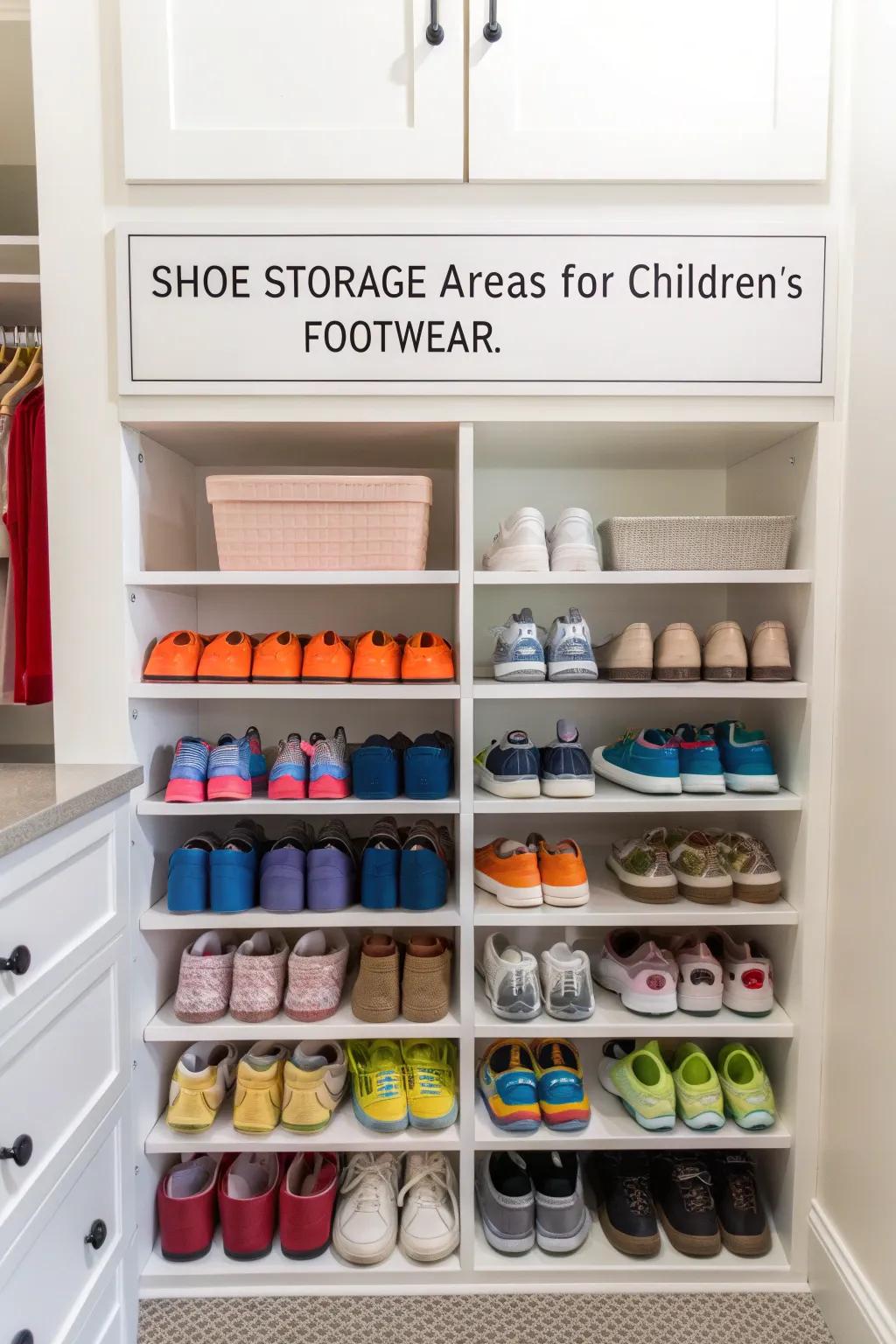 Keep things orderly using marked shoe storage.