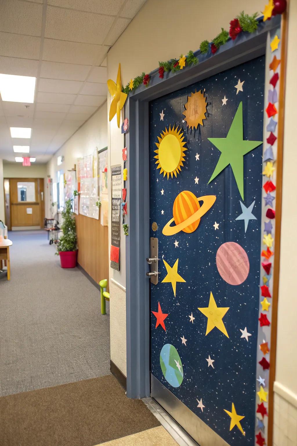 A kindergarten door with a space theme featuring celestial bodies.