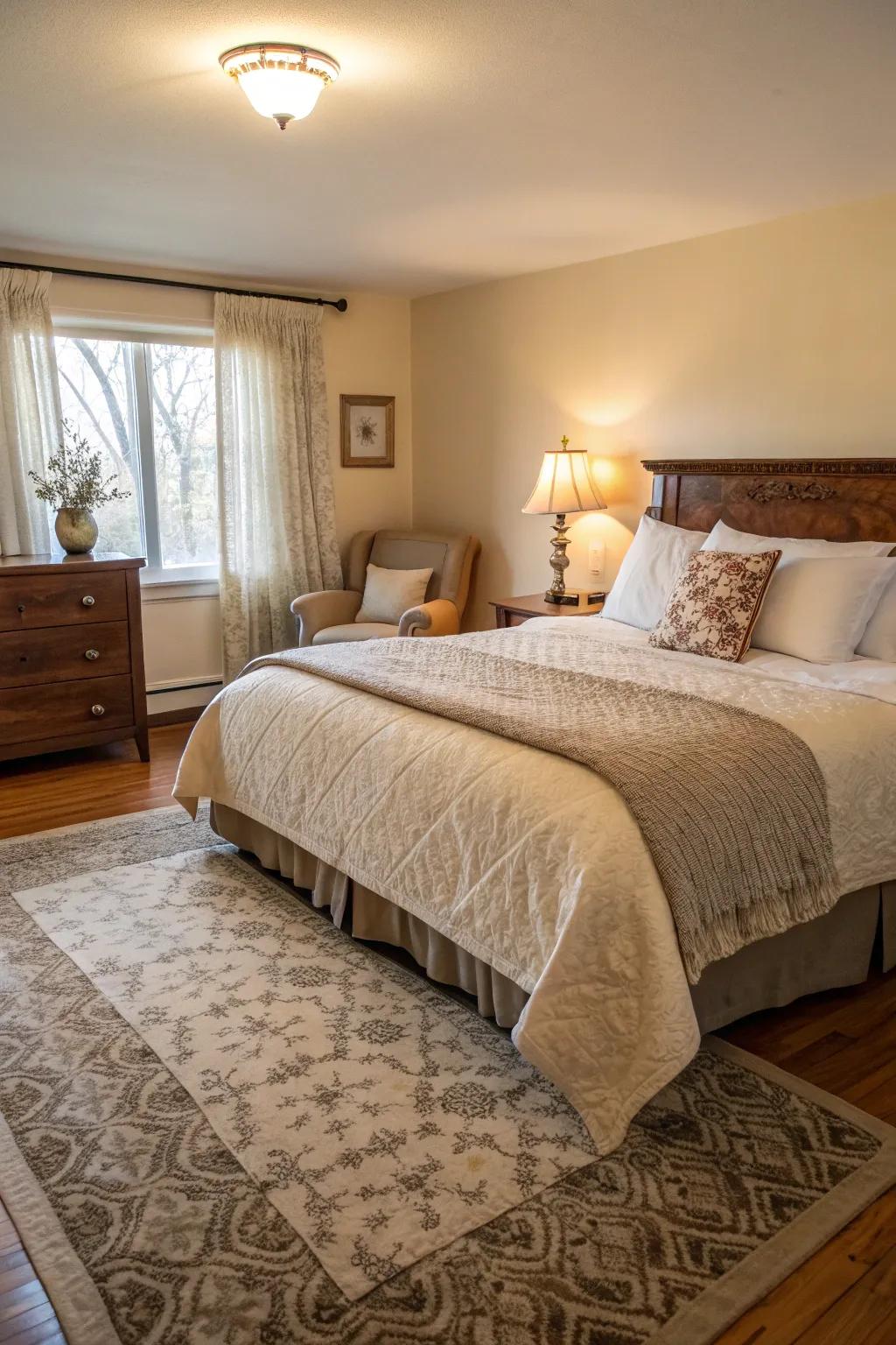 A textured rug enriches the warmth and softness beneath this luxurious king-sized bed.