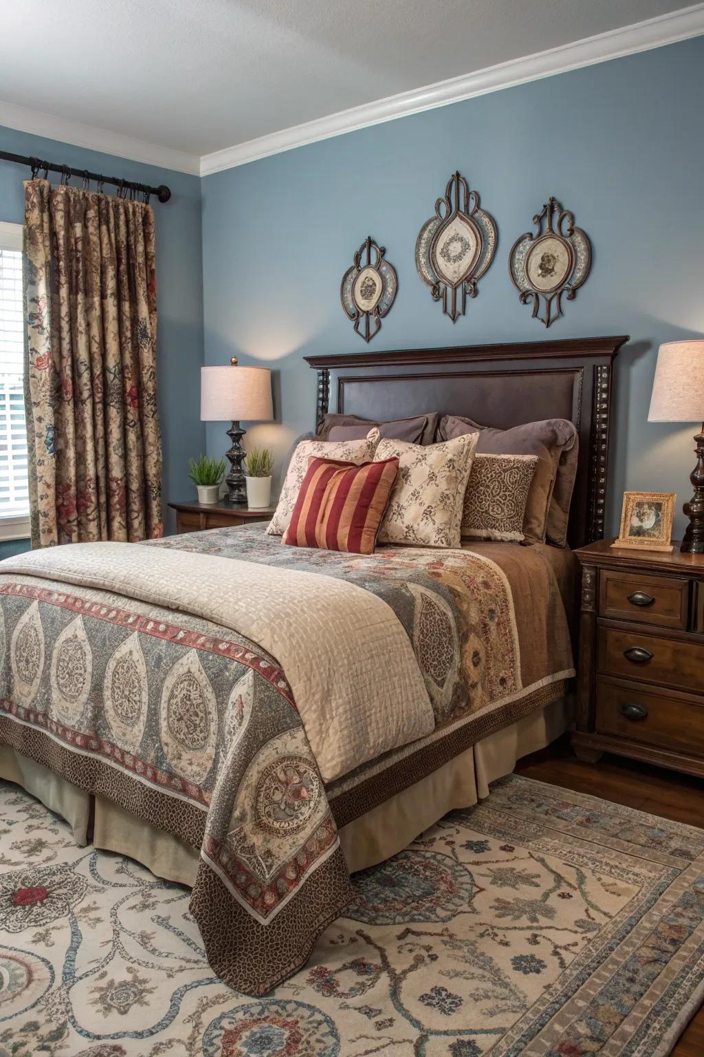 Mixing textures and patterns enriches the design in your king bedroom.