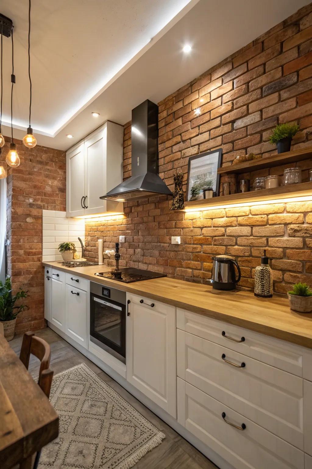 Textured elements such as brick can add warmth and personality.