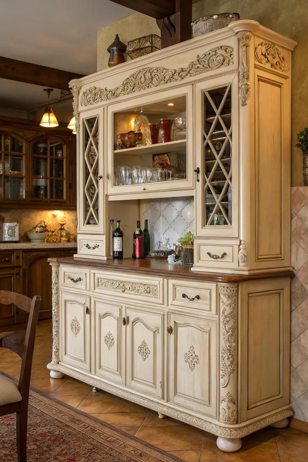 Vintage charm is clearly seen in the design of this bar cabinet.