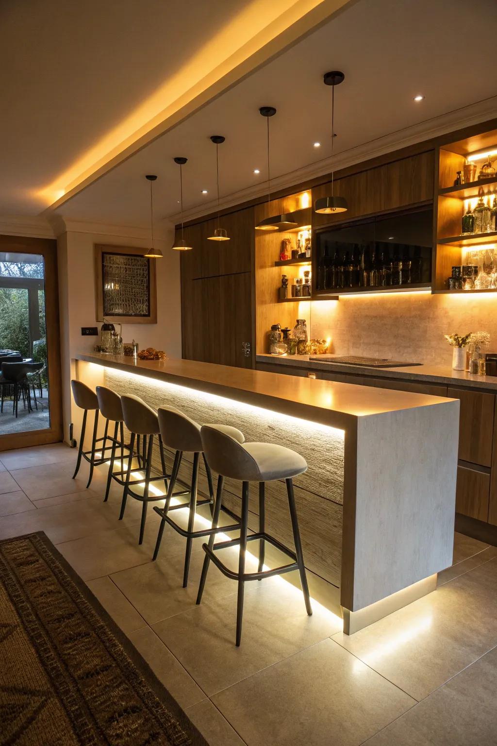 Under-bar lighting adds a cozy ambiance to your kitchen.