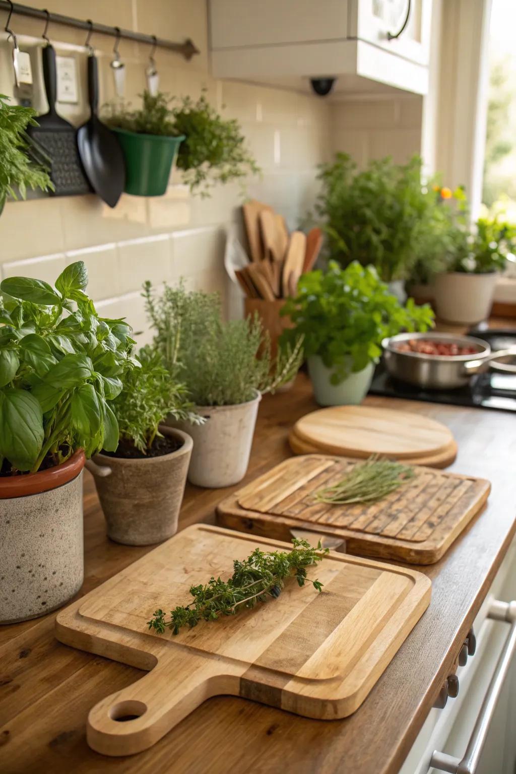 Chopping blocks and greenery create a revitalizing and vibrant culinary exhibit.