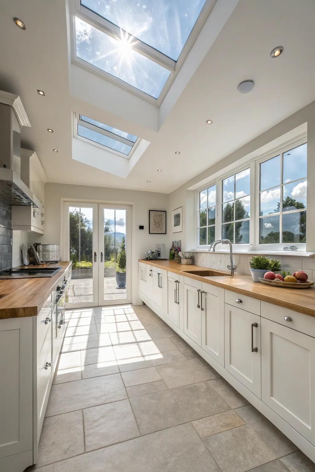 Brighten your kitchen with sunlight from overhead windows.