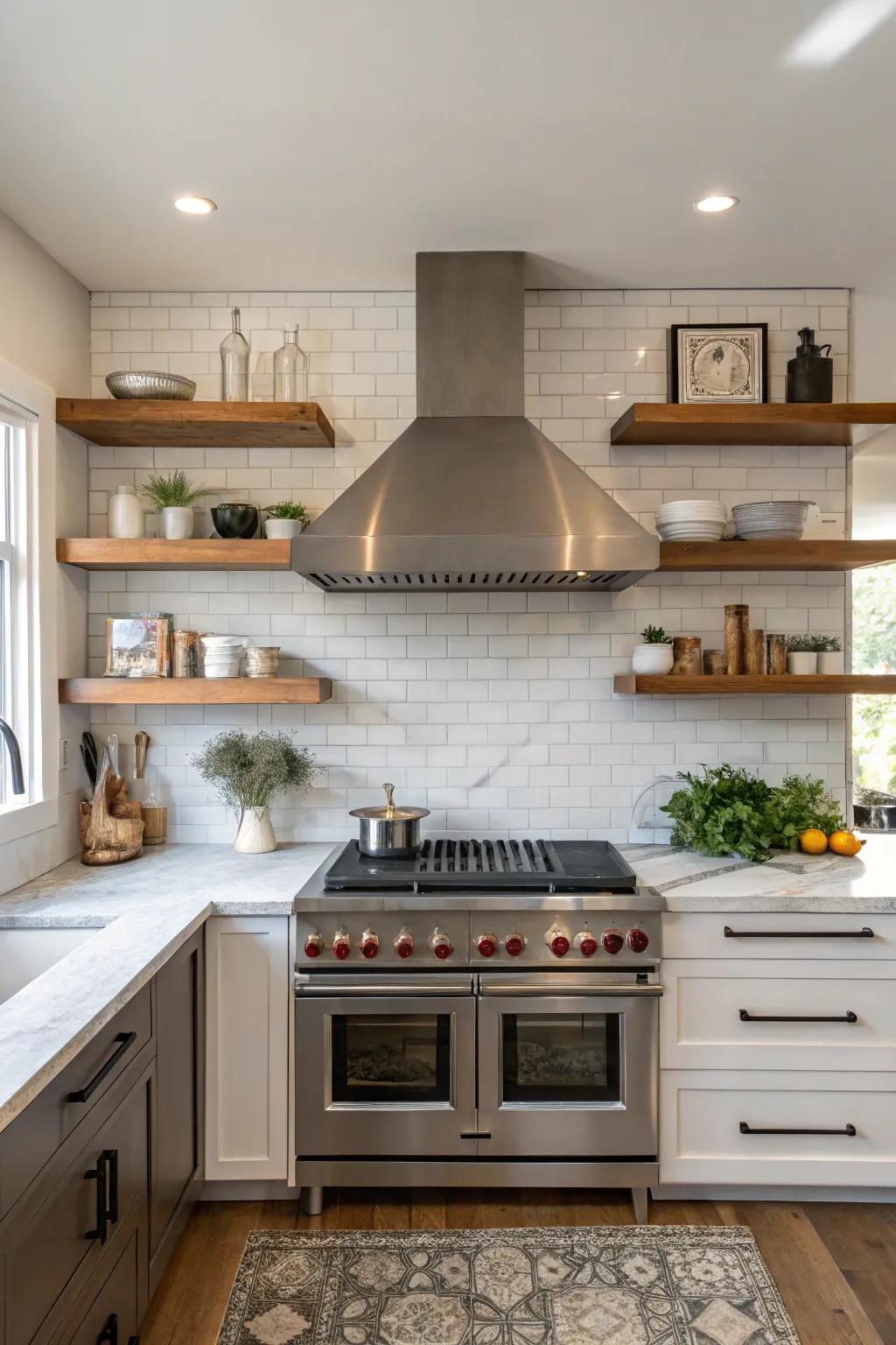 Shelves framing the range hood enhance its visual impact.